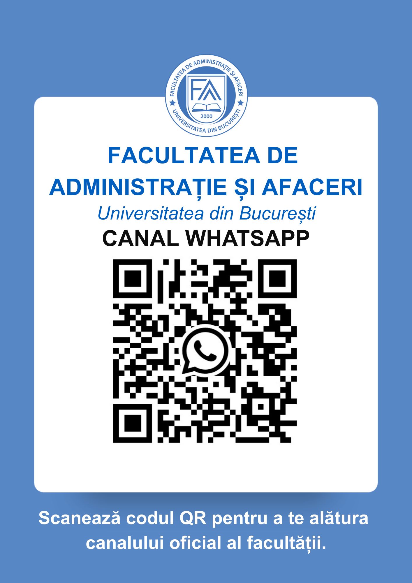 Am pregătit un spațiu special pentru tine in WhatsApp. Urmărește canalul oficial de WhatsAPP al Facultății de Administrație și Afaceri - UB